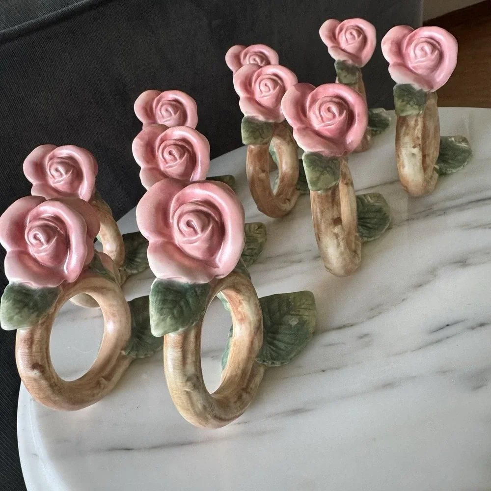 Vintage Fitz & Floyd Blushing Rose Napkin Rings Set Of 10